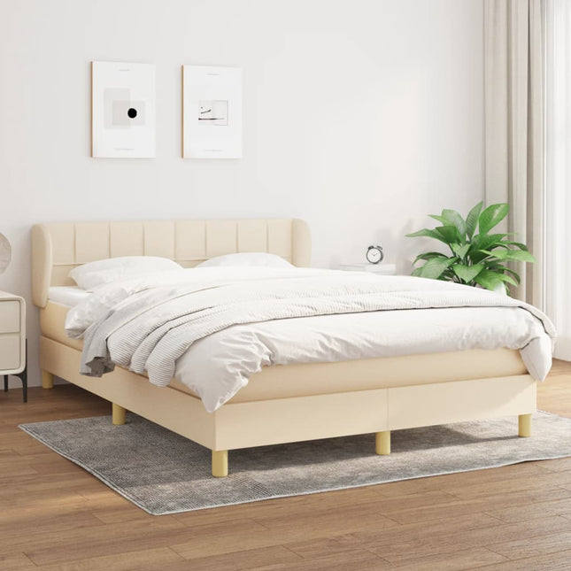 Boxspring met matras stof crèmekleurig 140x200 cm 140 x 200 cm Blok met vierkanten