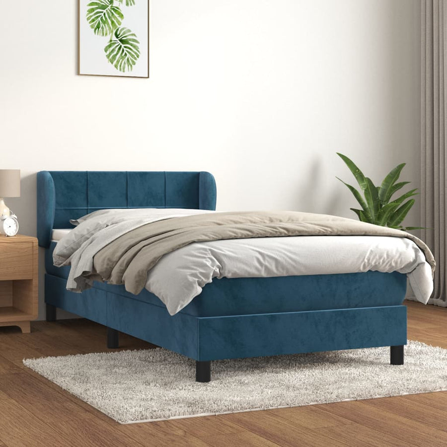 Boxspring Met Matras Fluweel Donkerblauw 90 x 200 cm Blok met vierkanten