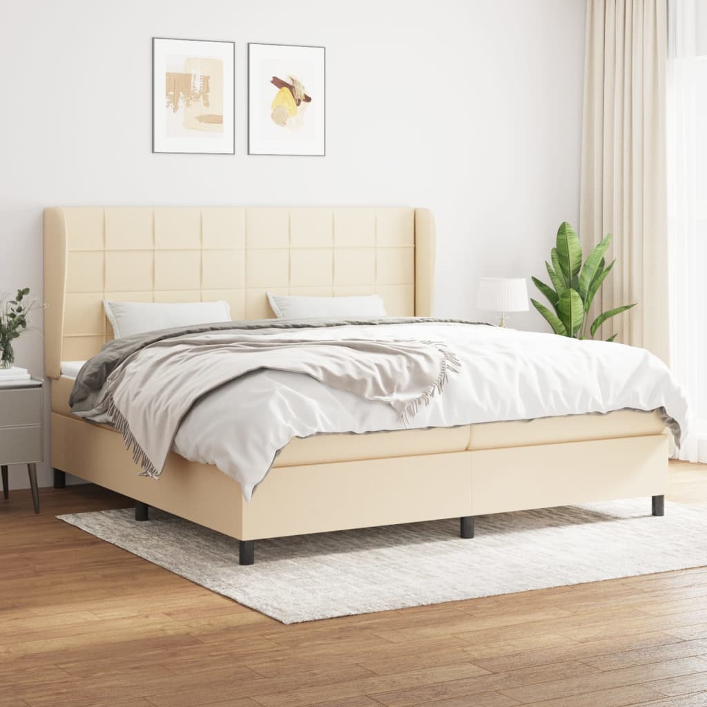 Boxspring Met Matras Stof Kleurig Crème 200 x 200 cm Blok met vierkanten