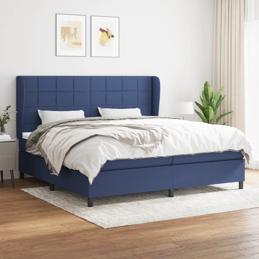 Boxspring Met Matras Stof Blauw 200 x 200 cm Blok met vierkanten
