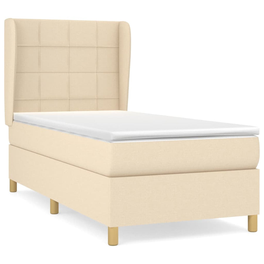 Boxspring met matras stof crèmekleurig 100x200 cm 100 x 200 cm Blok met vierkanten