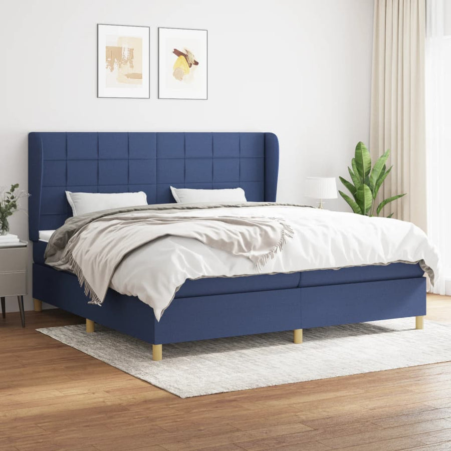 Boxspring Met Matras Stof Blauw 200 x 200 cm Blok met vierkanten