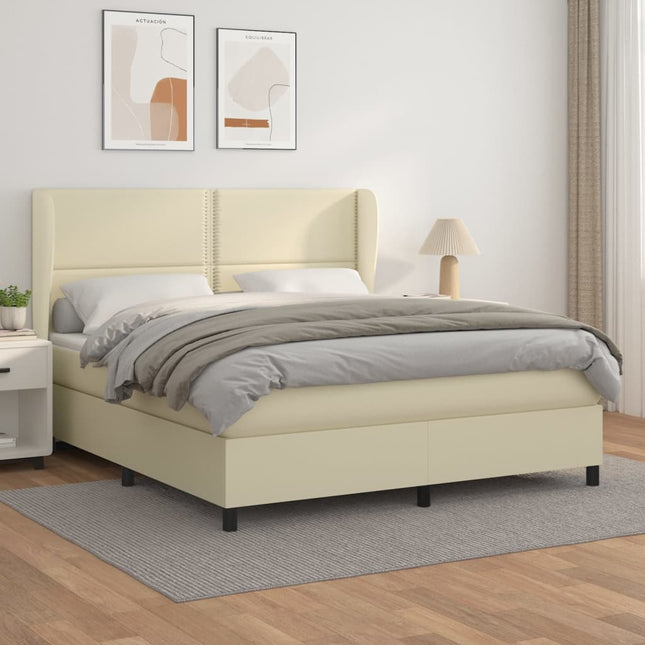 Boxspring met matras kunstleer crèmekleurig 180x200 cm 180 x 200 cm Crème Effen met spijkers