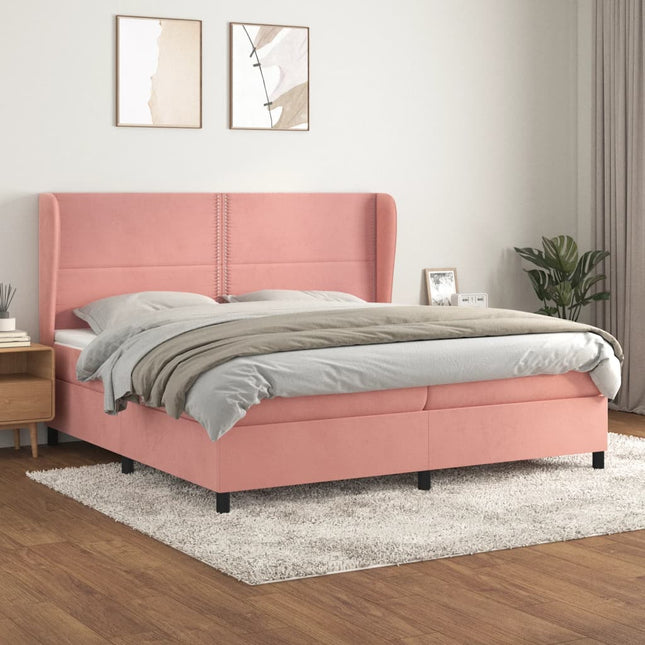 Boxspring Met Matras Fluweel Roze 200 x 200 cm Effen met spijkers