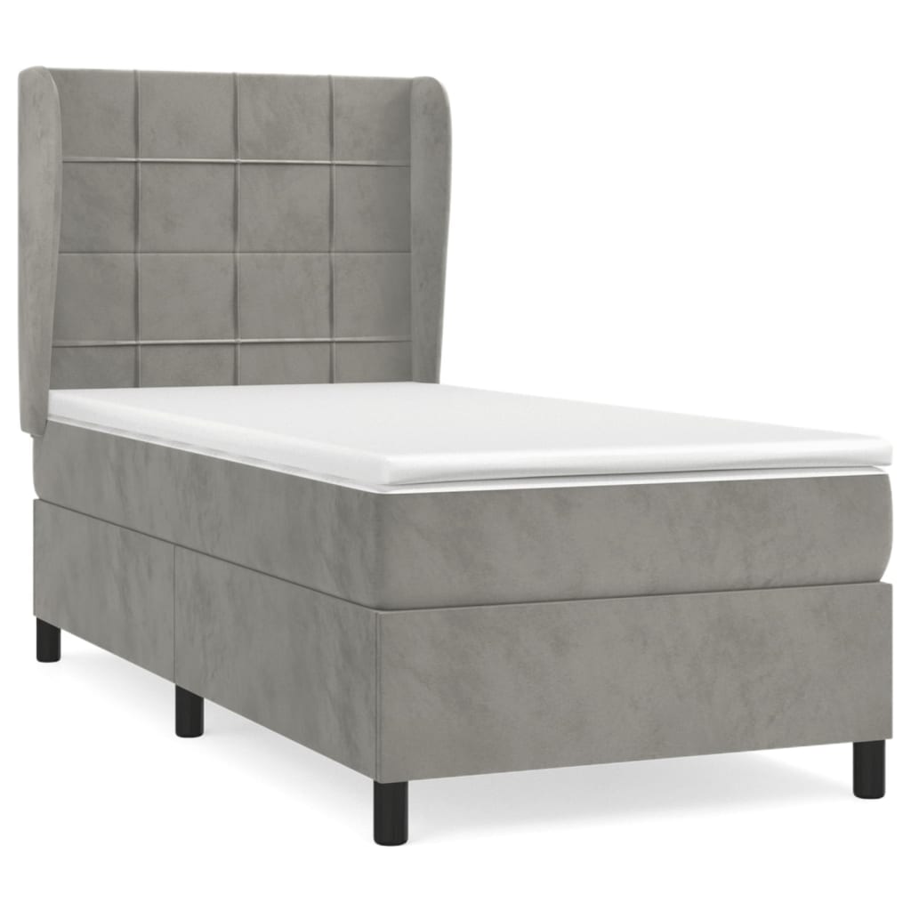 Boxspring Met Matras Fluweel Lichtgrijs 90 x 200 cm Blok met vierkanten