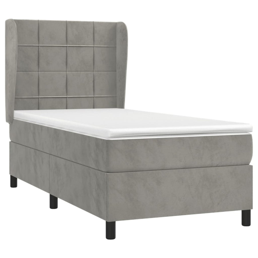 Boxspring Met Matras Fluweel Lichtgrijs 90 x 200 cm Blok met vierkanten