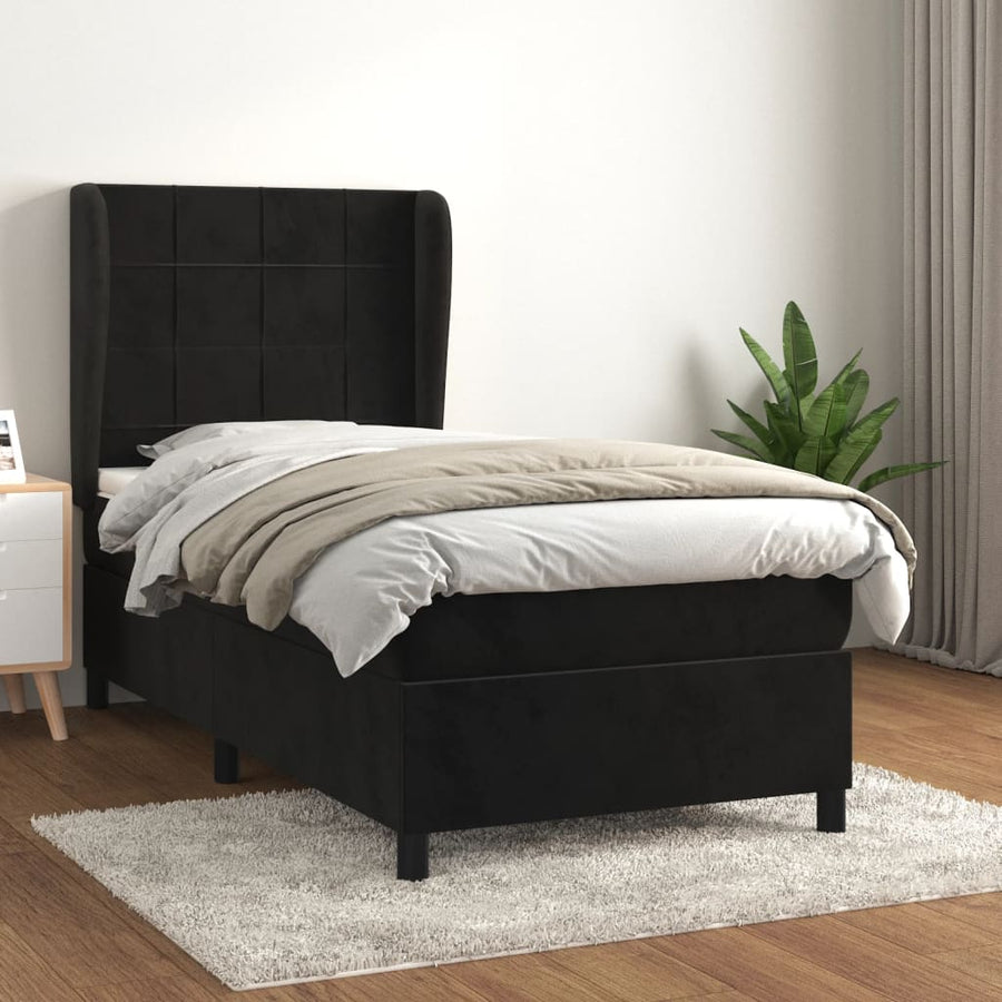 Boxspring Met Matras Fluweel Zwart 90 x 200 cm Blok met vierkanten