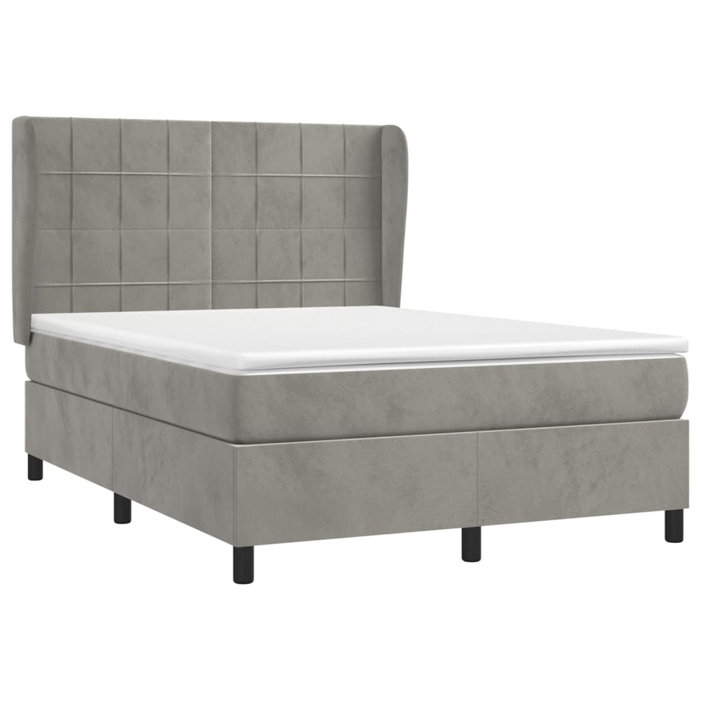 Boxspring Met Matras Fluweel Lichtgrijs 140 x 190 cm Blok met vierkanten