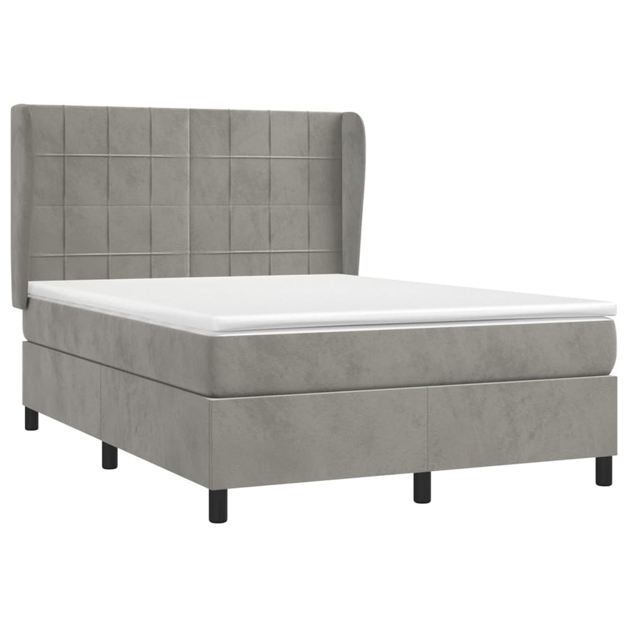 Boxspring Met Matras Fluweel Lichtgrijs 140 x 190 cm Blok met vierkanten