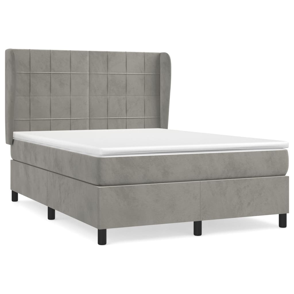 Boxspring Met Matras Fluweel Lichtgrijs 140 x 200 cm Blok met vierkanten