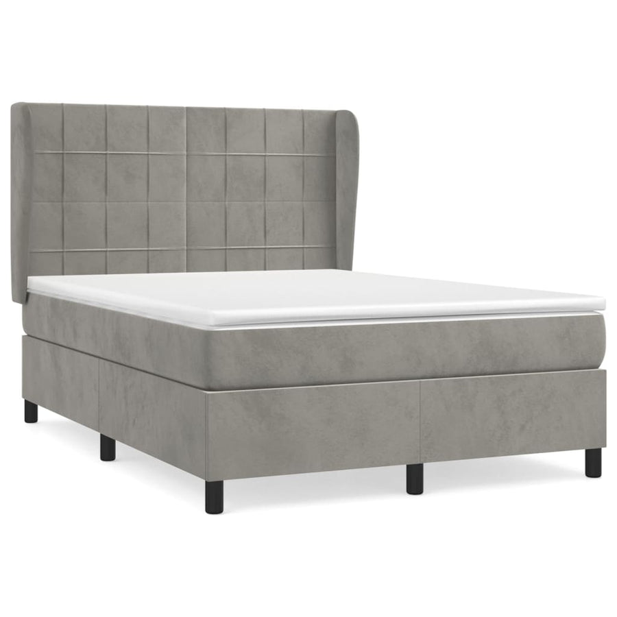 Boxspring Met Matras Fluweel Lichtgrijs 140 x 200 cm Blok met vierkanten