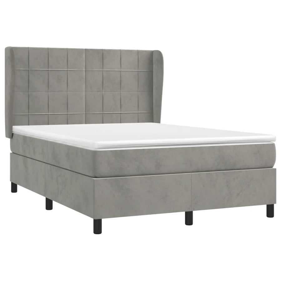Boxspring Met Matras Fluweel Lichtgrijs 140 x 200 cm Blok met vierkanten