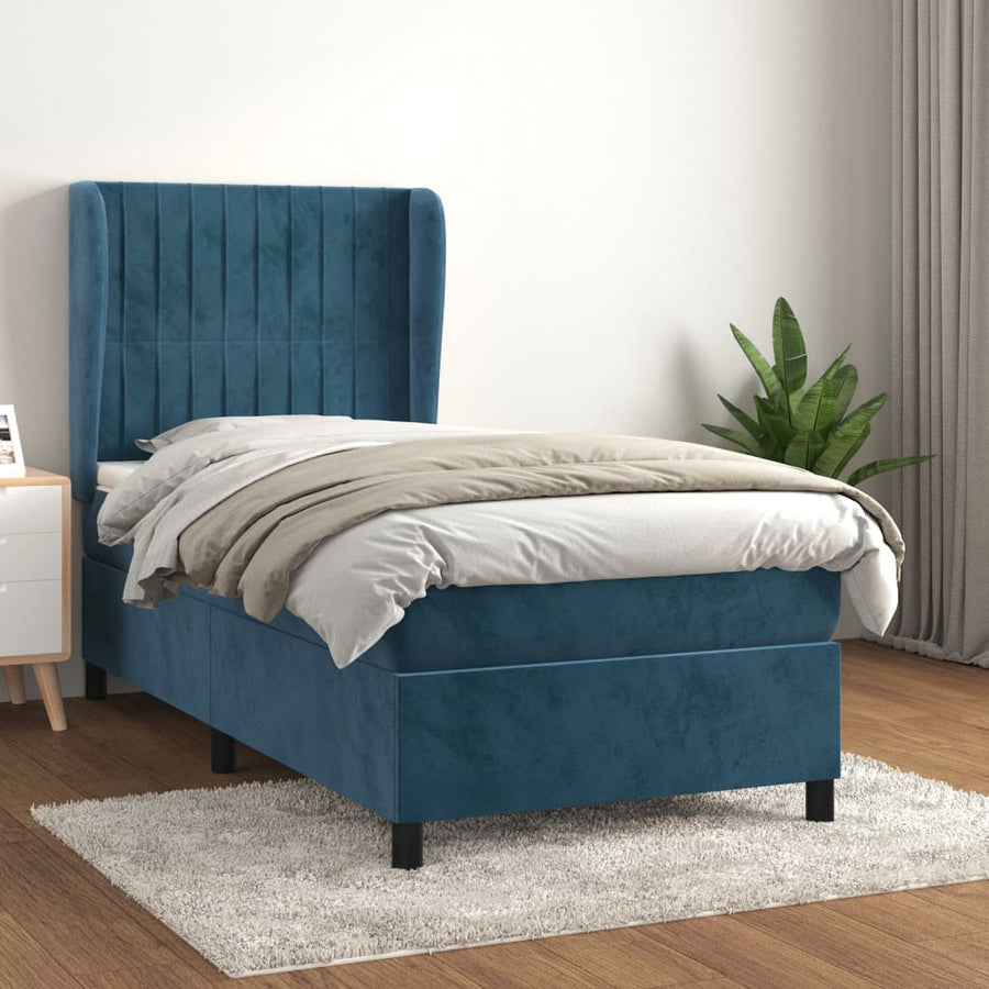 Boxspring Met Matras Fluweel Donkerblauw 90 x 190 cm Verticale strepen