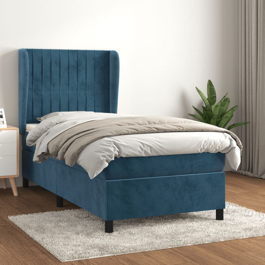 Boxspring Met Matras Fluweel Donkerblauw 90 x 200 cm Verticale strepen
