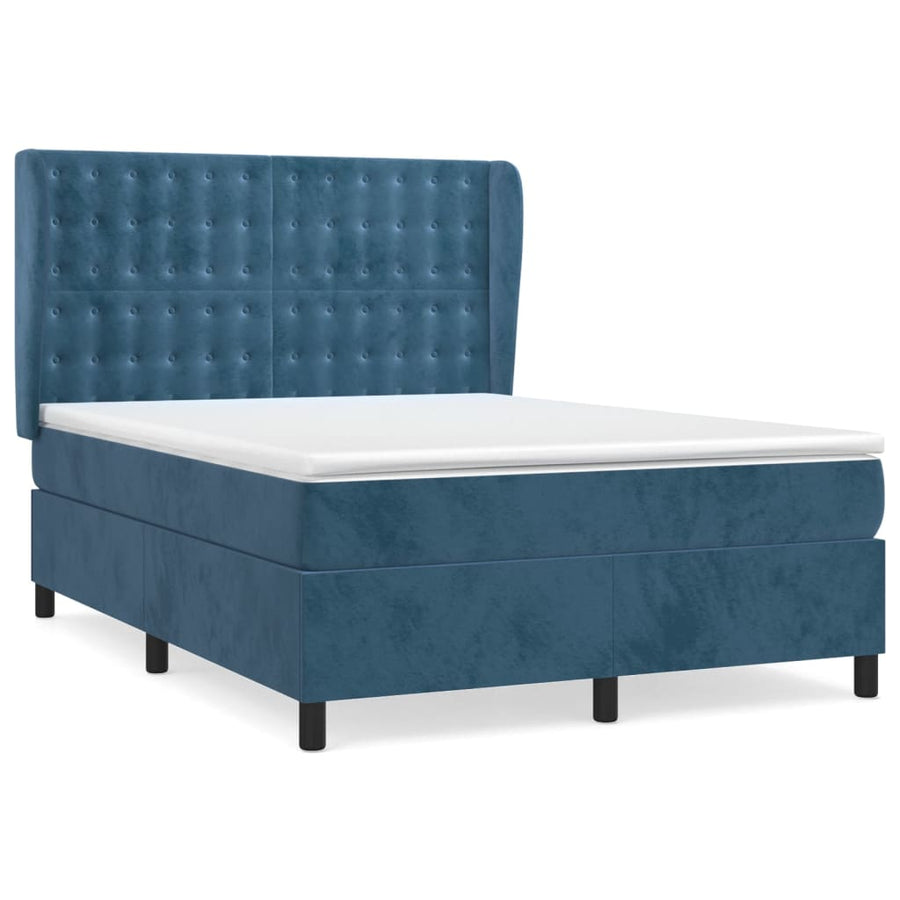 Boxspring Met Matras Fluweel Donkerblauw 140 x 200 cm Knopen