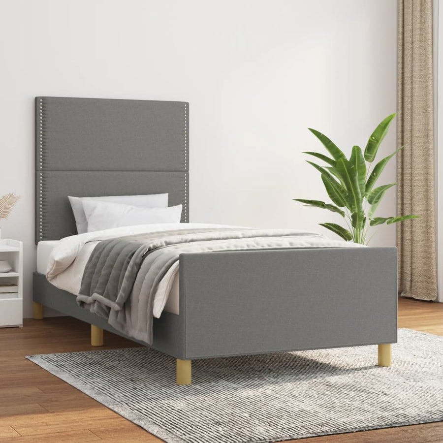 Bedframe Met Hoofdbord Stof Donkergrijs 90 x 200 cm Effen met spijkers