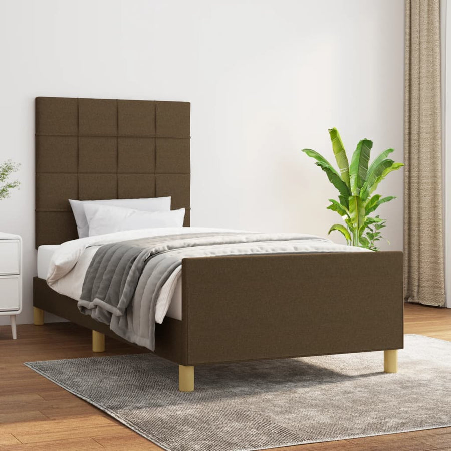 Bedframe Met Hoofdeinde Stof Donkerbruin 90 x 190 cm Blok met vierkanten