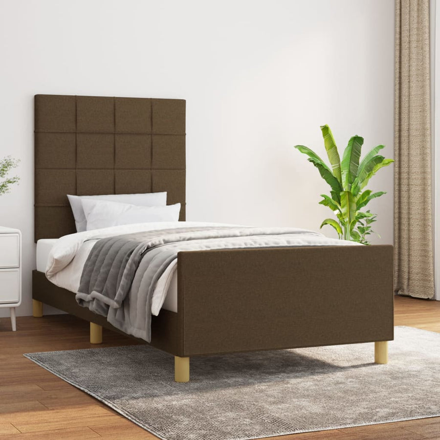 Bedframe Met Hoofdeinde Stof Donkerbruin 90 x 200 cm Blok met vierkanten