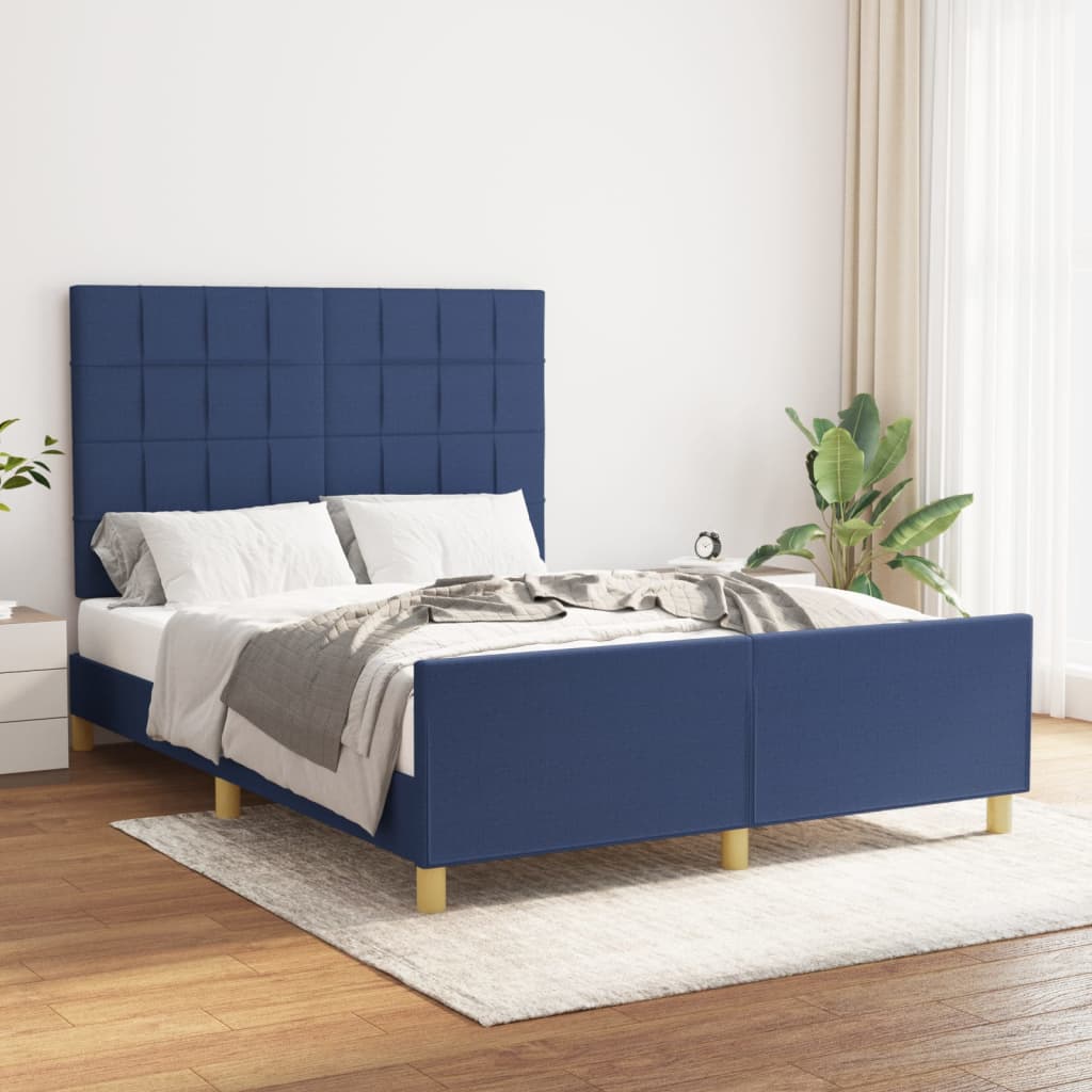 Bedframe Met Hoofdeinde Stof Blauw 140 x 190 cm Blok met vierkanten