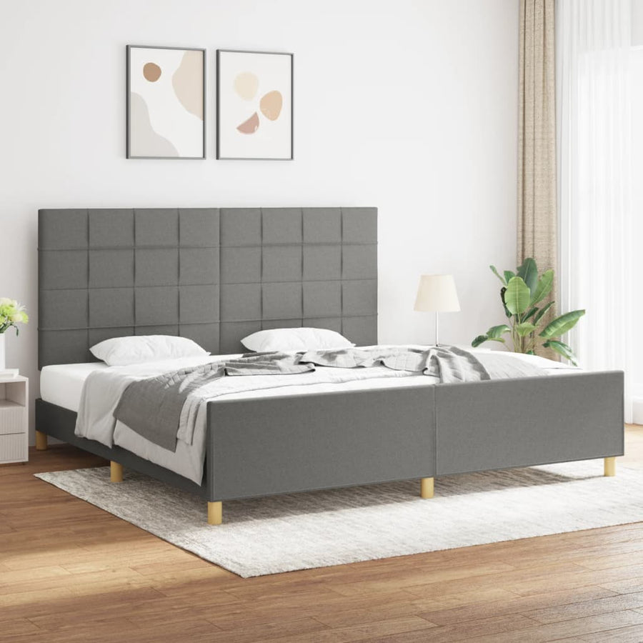 Bedframe Met Hoofdeinde Stof Donkergrijs 200 x 200 cm Blok met vierkanten