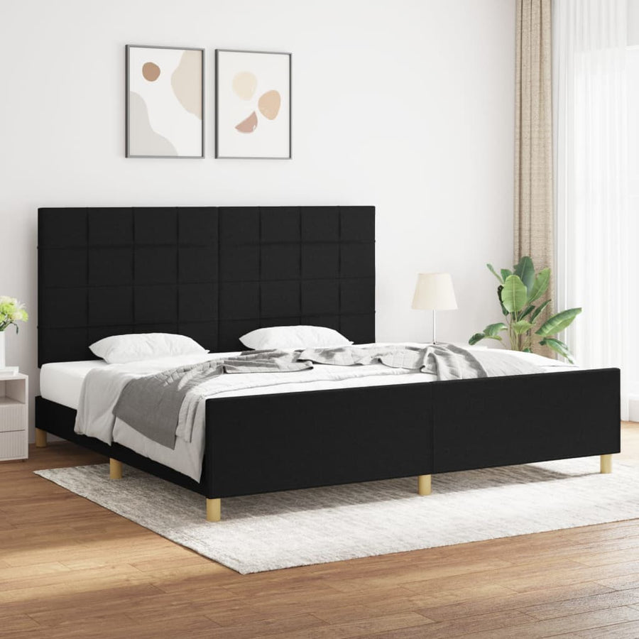 Bedframe Met Hoofdeinde Stof Zwart 200 x 200 cm Blok met vierkanten