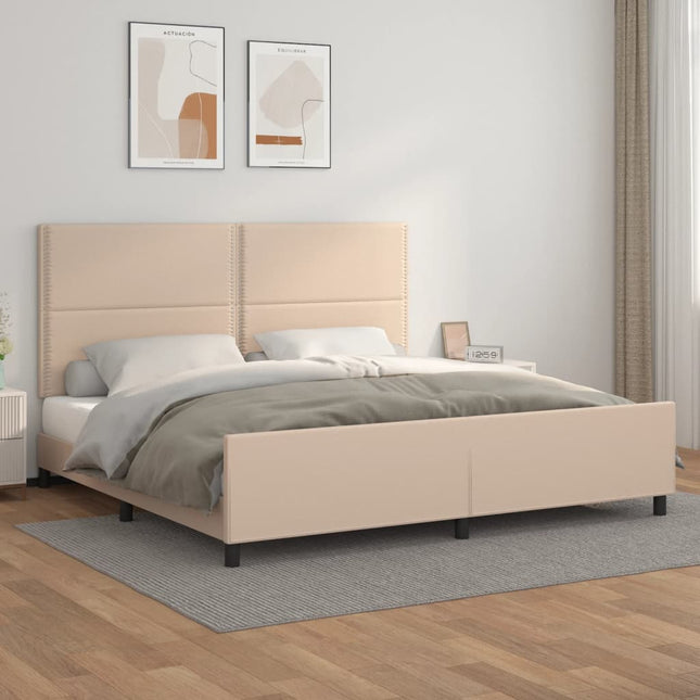 Bedframe met hoofdbord kunstleer cappuccinokleurig 200x200 cm 200 x 200 cm Effen met spijkers