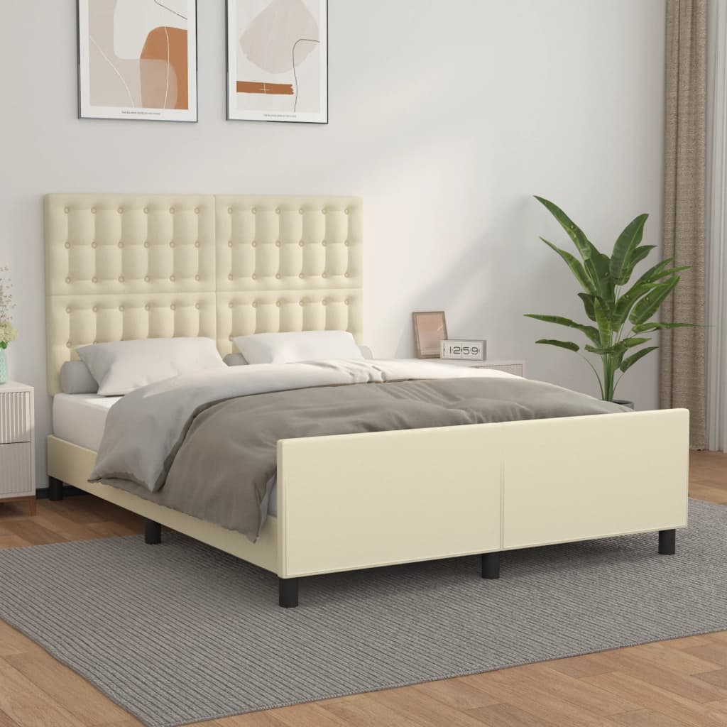 Bedframe Met Hoofdbord Kunstleer Crèmekleurig 140X190 Cm 140 x 190 cm Knopen