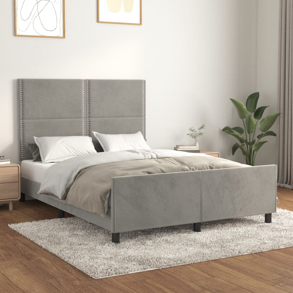 Bedframe Met Hoofdeinde Fluweel Lichtgrijs 140 x 190 cm Effen met spijkers