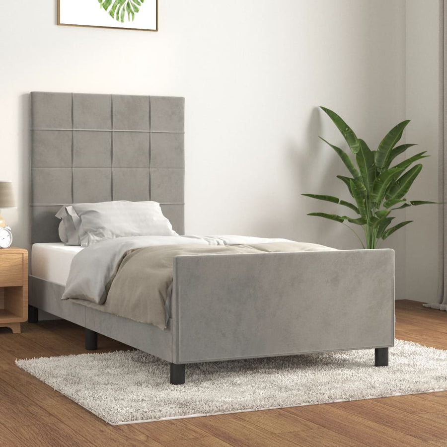 Bedframe Met Hoofdeinde Fluweel Lichtgrijs 90 x 200 cm Blok met vierkanten