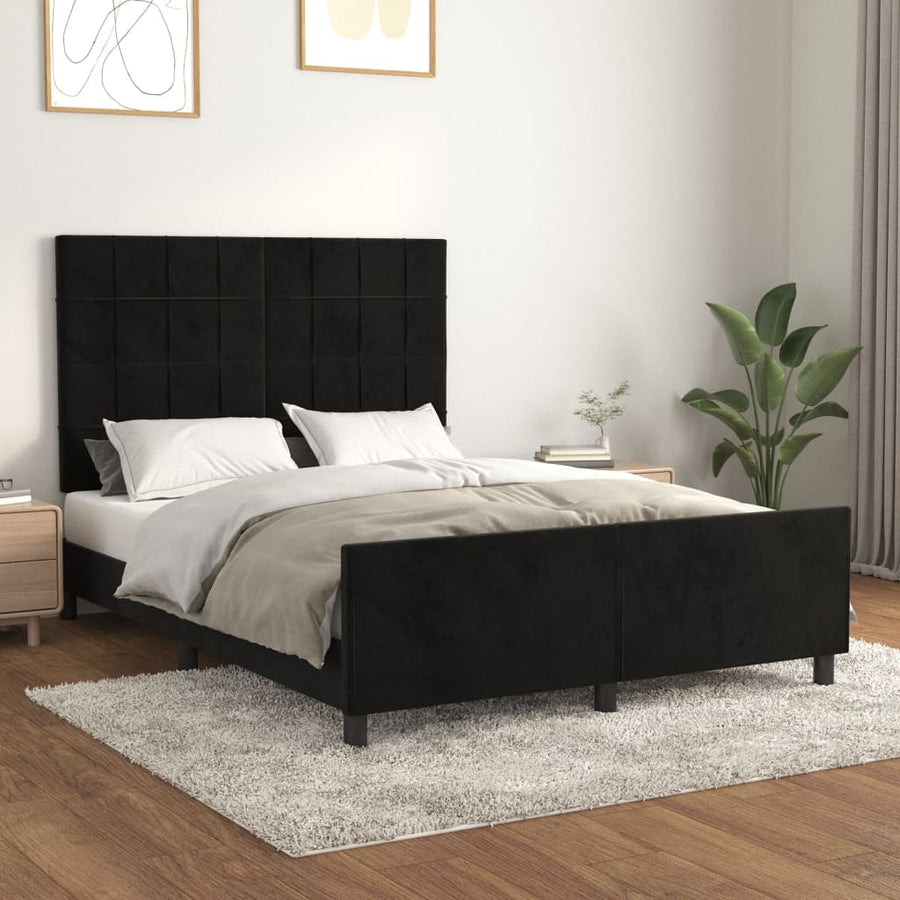 Bedframe Met Hoofdeinde Fluweel Zwart 140 x 200 cm Blok met vierkanten