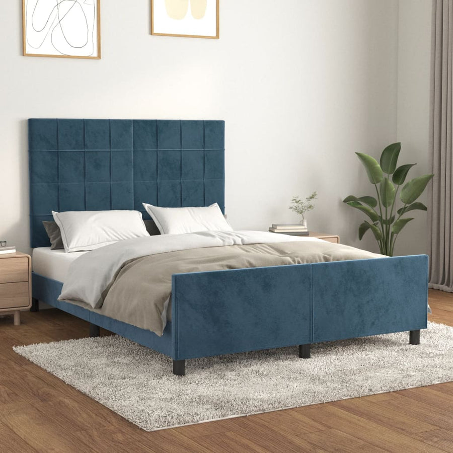 Bedframe Met Hoofdeinde Fluweel Donkerblauw 140 x 200 cm Blok met vierkanten