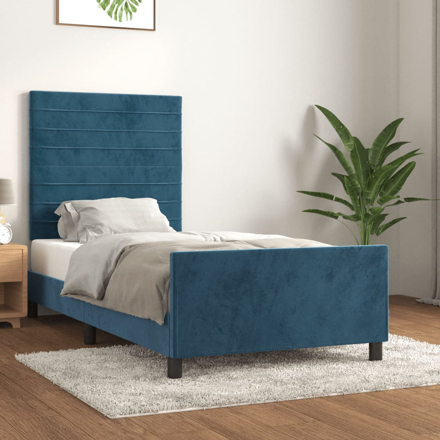 Bedframe Met Hoofdeinde Fluweel Donkerblauw 90 x 190 cm Horizontale strepen