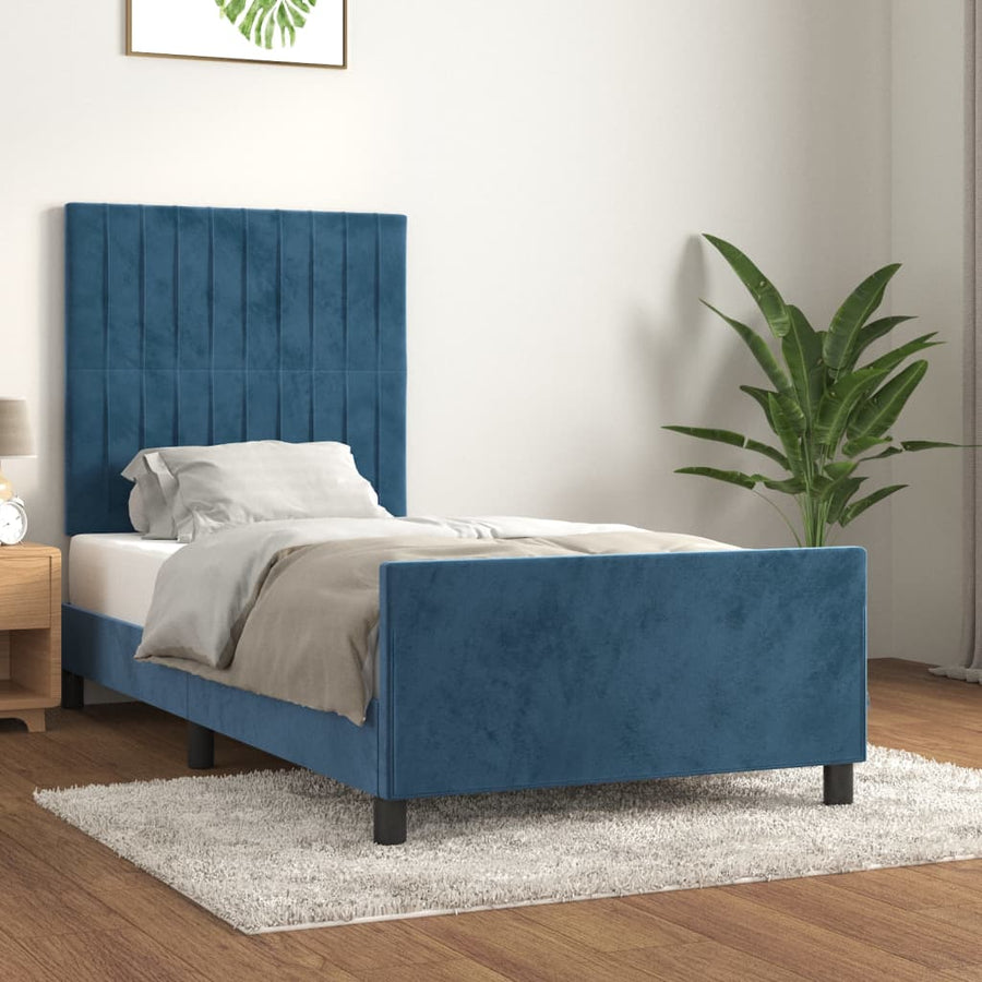 Bedframe Met Hoofdeinde Fluweel Donkerblauw 100 x 200 cm Verticale strepen