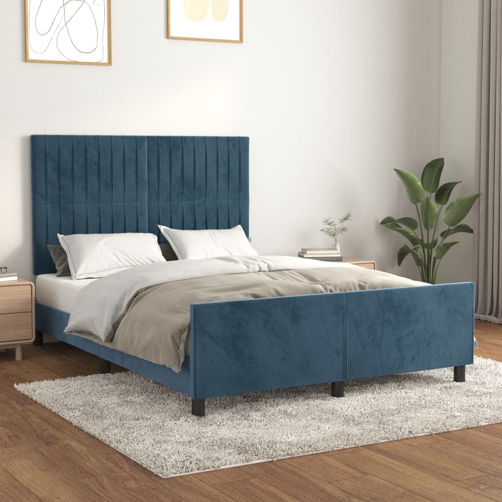 Bedframe Met Hoofdeinde Fluweel Donkerblauw 140 x 190 cm Verticale strepen