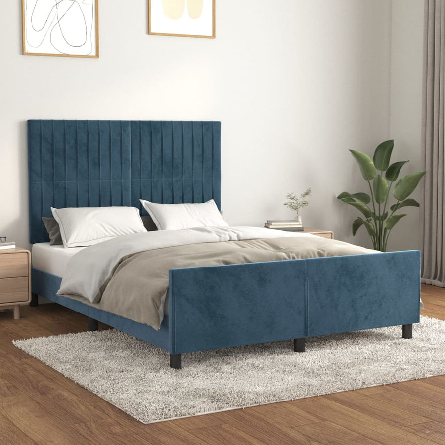 Bedframe Met Hoofdeinde Fluweel Donkerblauw 140 x 190 cm Verticale strepen