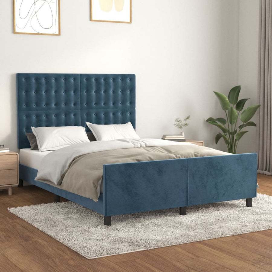 Bedframe Met Hoofdeinde Fluweel Donkerblauw 140 x 190 cm Knopen