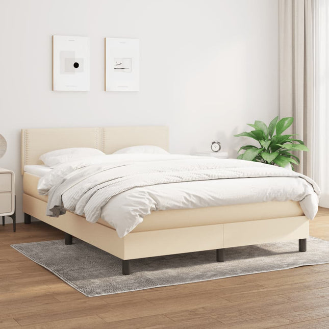 Boxspring met matras stof crèmekleurig 140x190 cm 140 x 190 cm Effen met spijkers