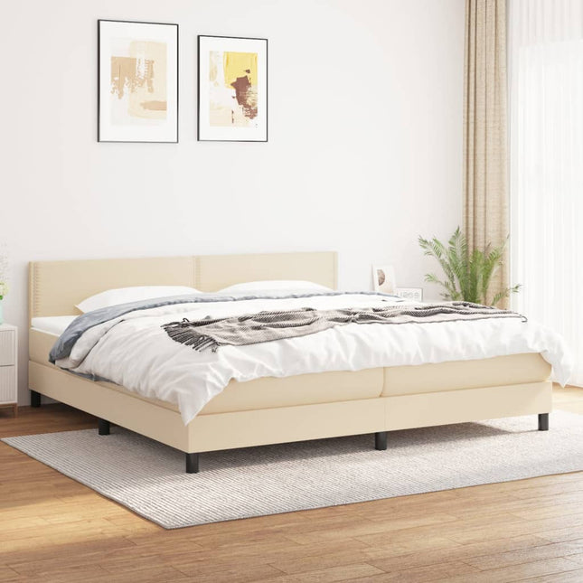 Boxspring met matras stof crèmekleurig 200x200 cm 200 x 200 cm Effen met spijkers