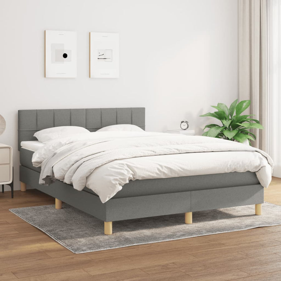 Boxspring Met Matras Stof Donkergrijs 140 x 190 cm Blok met vierkanten
