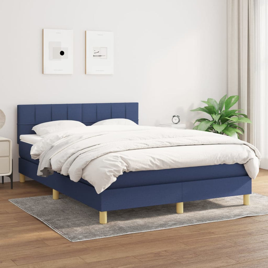 Boxspring Met Matras Stof Blauw 140 x 190 cm Blok met vierkanten