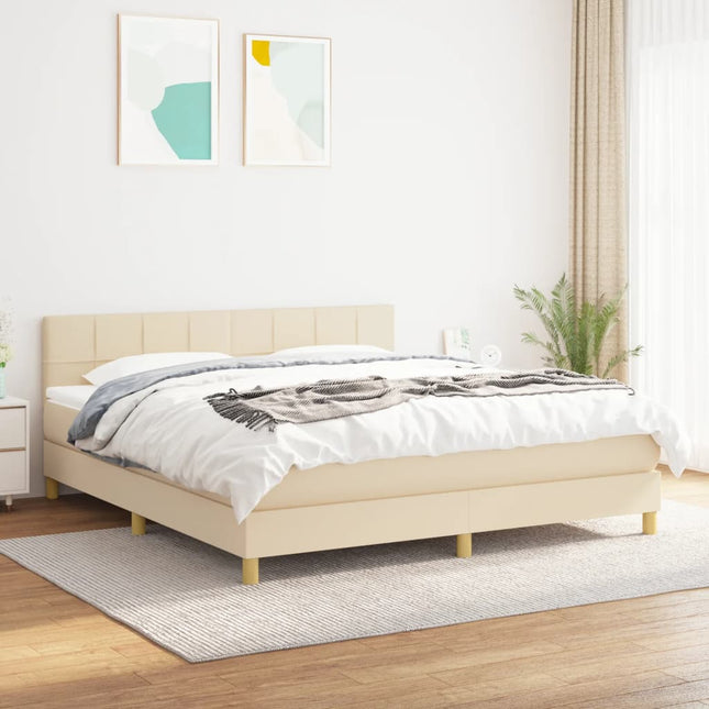 Boxspring Met Matras Stof Crèmekleurig 180X200 Cm 180 x 200 cm Blok met vierkanten