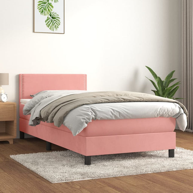 Boxspring met matras fluweel roze 90x190 cm 90 x 190 cm Effen met spijkers