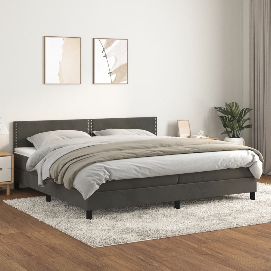 Boxspring Met Matras Fluweel Donkergrijs 200 x 200 cm Effen met spijkers