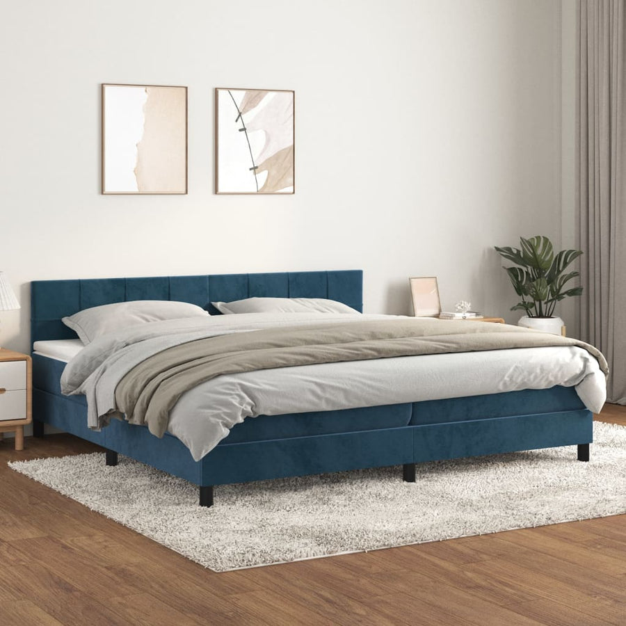 Boxspring Met Matras Fluweel Donkerblauw 200 x 200 cm Blok met vierkanten
