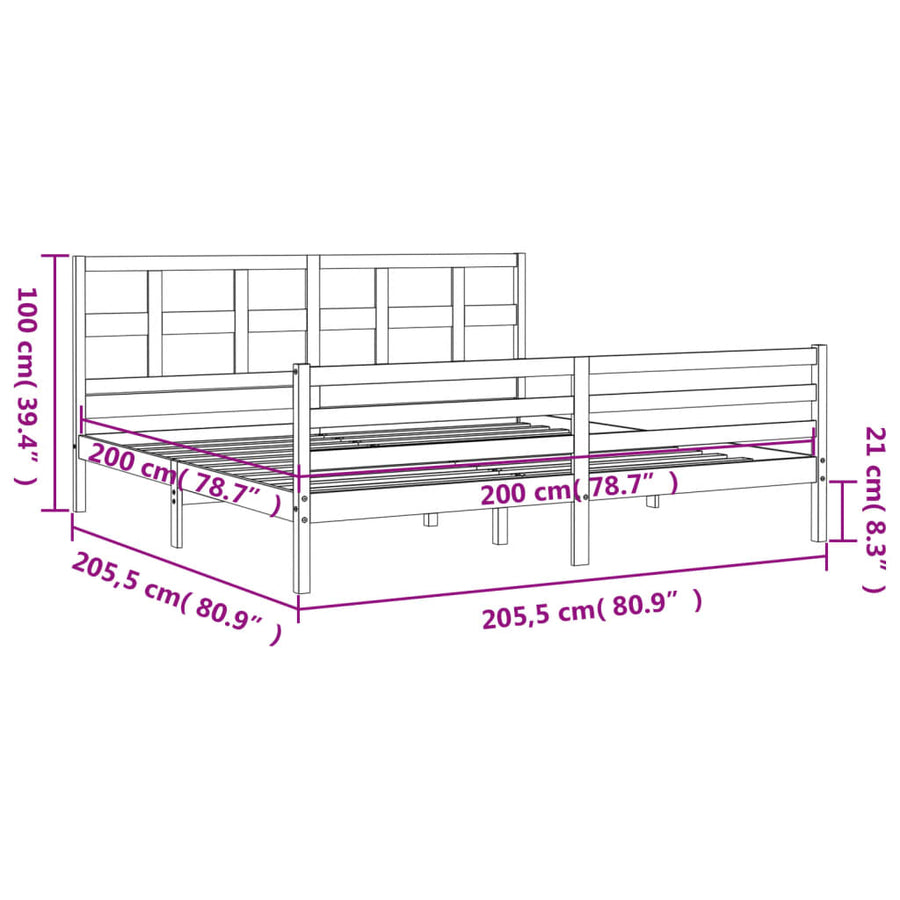 Bedframe Met Hoofdbord Massief Hout 200 x 200 cm Grijs