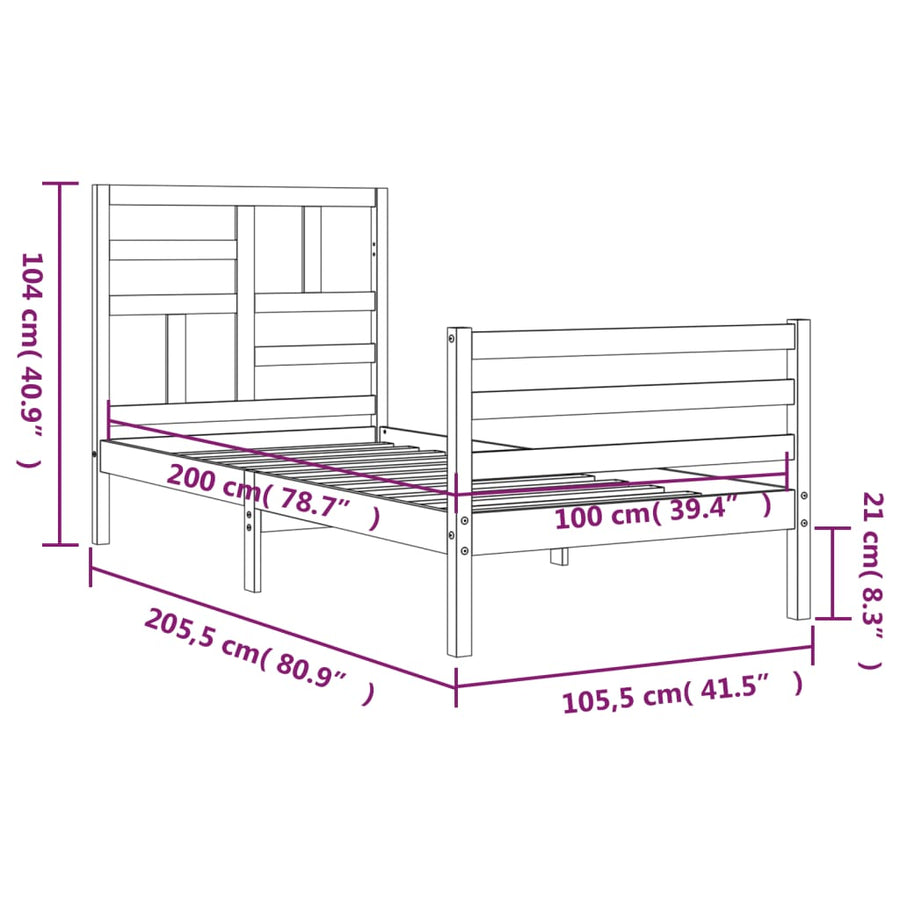 Bedframe met hoofdbord massief hout 100x200 cm 100 x 200 cm Naturel