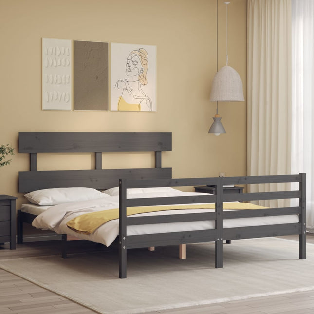 Bedframe Met Hoofdbord Massief Hout 160 x 200 cm Grijs Laag