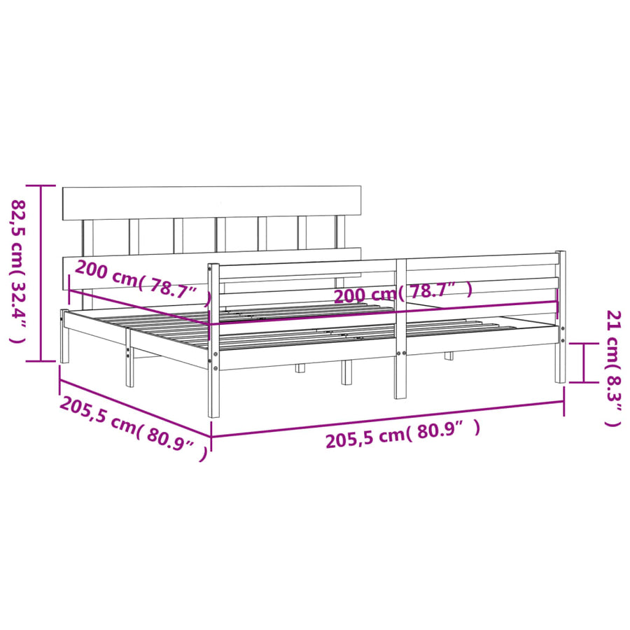 Bedframe Met Hoofdbord Massief Hout 200 x 200 cm Grijs Laag