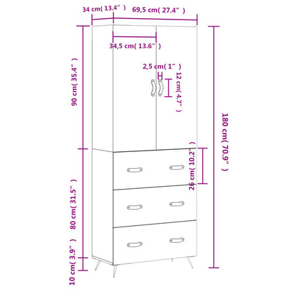 Hoge kast 69,5x34x180 cm bewerkt hout betongrijs