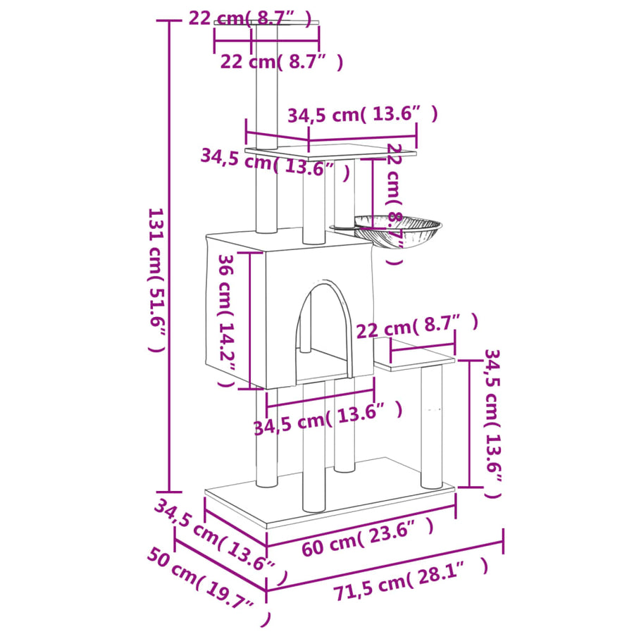 Kattenmeubel Met Sisal Krabpalen 131 Cm Kleurig Crème